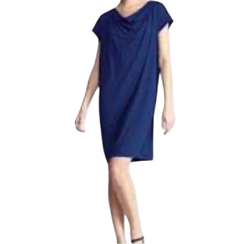Eileen Fisher Navy Blue Jersey Knit Draped Neck Short Sleeve Shift Dress M